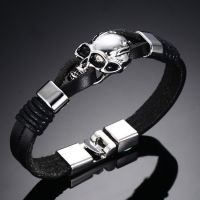 Браслет Punk Rock Mens Black Durable Leather Bracelets Gothic Skull Cuff Bangle Stainless Steel Skeleton Pul International BL-224B - маленькая картинка