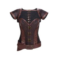  Brown Broacde and Faux Leather Waist Training Gothic Steampunk Corset Outfit Clothing For Women Corzzet 2082 -  