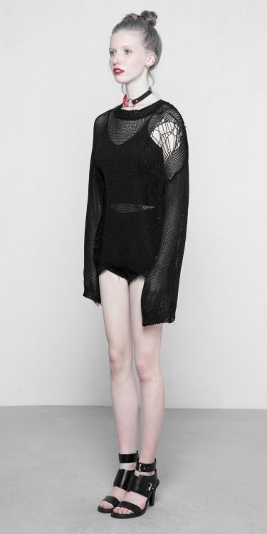  Tattered Mesh Hole Loose Sweater Punk Rave OPM-090TMF/BK  5