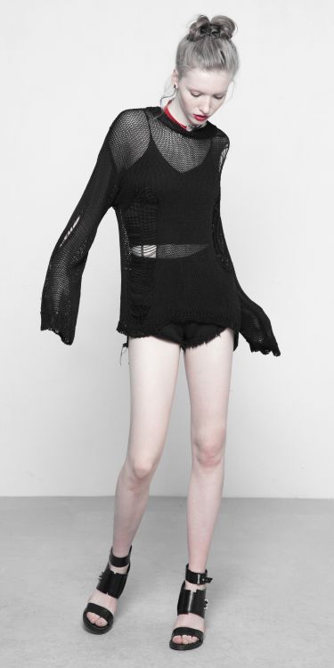  Tattered Mesh Hole Loose Sweater Punk Rave OPM-090TMF/BK  7