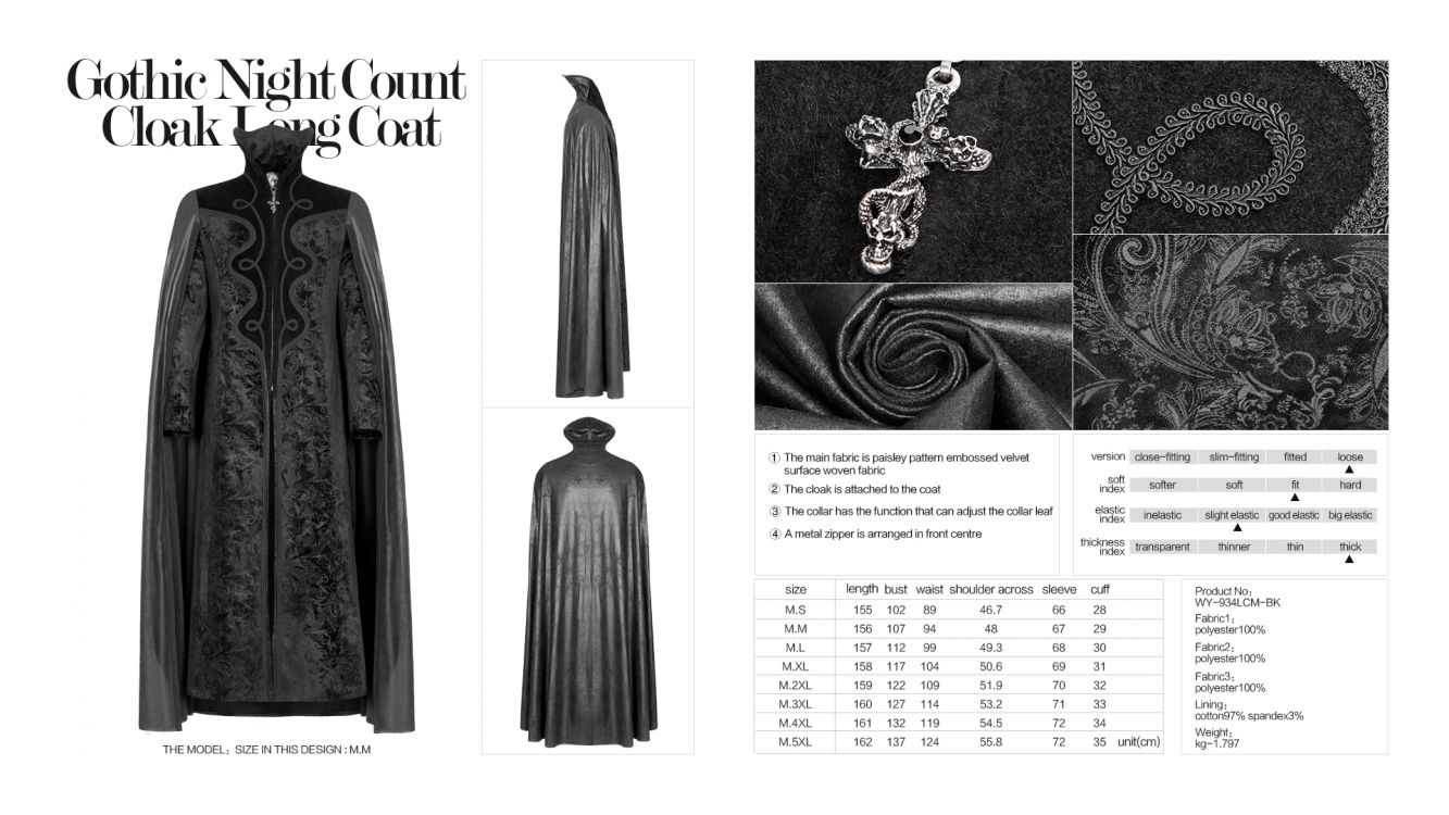  Gothic Night Count Cloak Long Coat Punk Rave WY-934LCM/BK  9