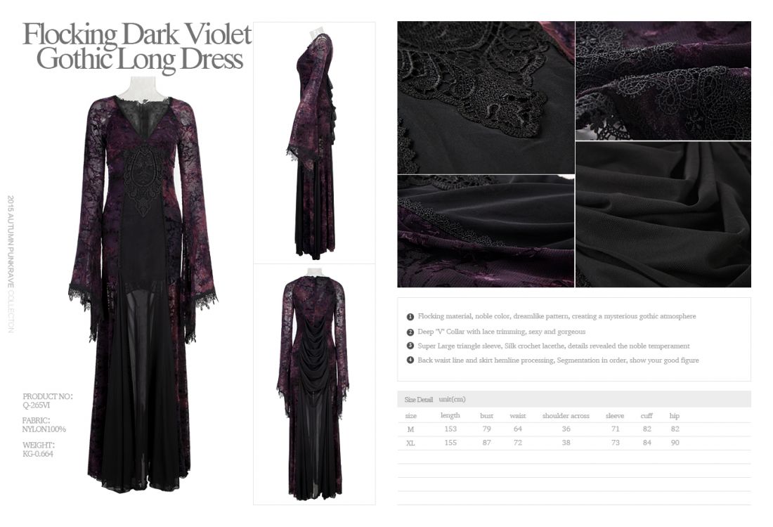  Flocking Dark Violet Gothic Long Dress Punk Rave Q-265U/BK-VI  8