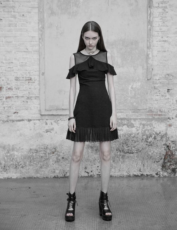  Mesh Stitching Chiffon Lotus Leaf Edge Strapless Dress Punk Rave OPQ-336LQF/BK  5