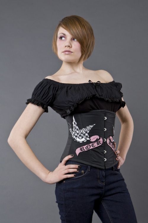  Candy underbust steel boned corset in black taffeta and gingham swallows Burleska candy-underbust-corset-black-gingham-swallows  1