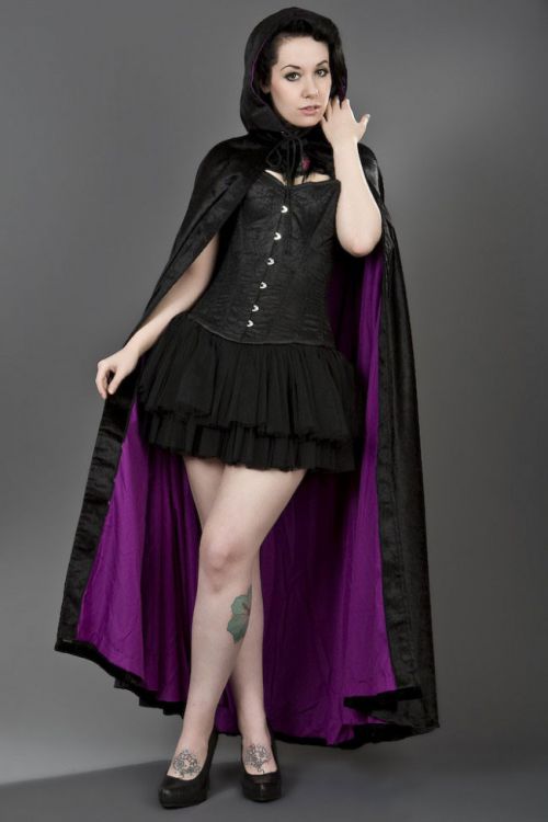 Gothic hooded cape in black velvet and purple satin lining Burleska cape-black-purple  1