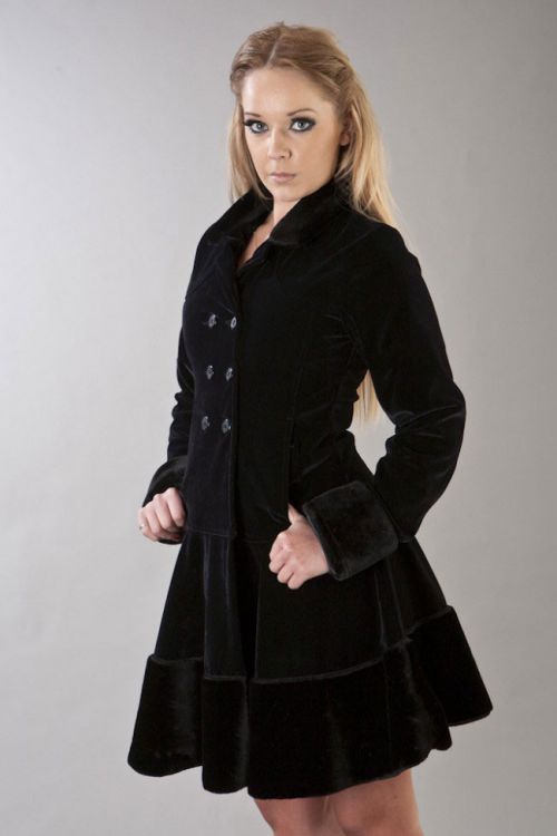  Dark women's coat in black velvet flock and black fur Burleska dark-coat-black-flock  1