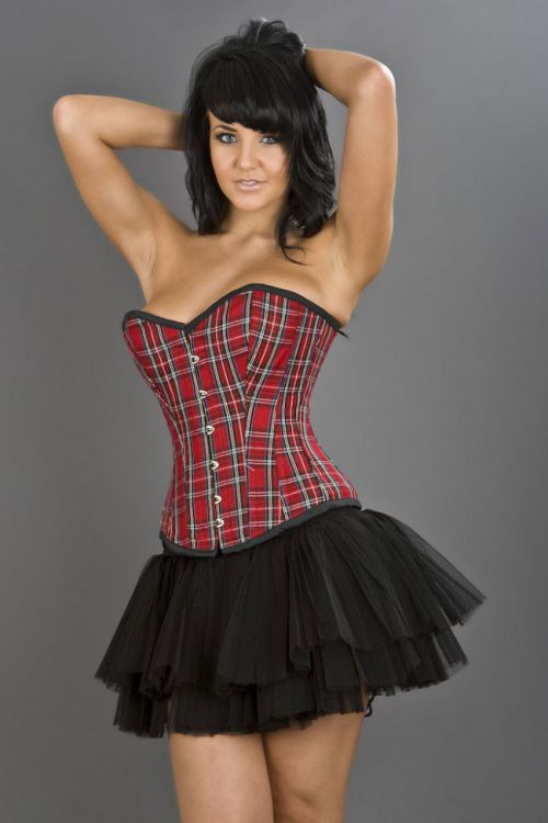  Elegant overbust steel boned corset in red tartan Burleska elegant-overbust-corset-red-tartan /   /  1