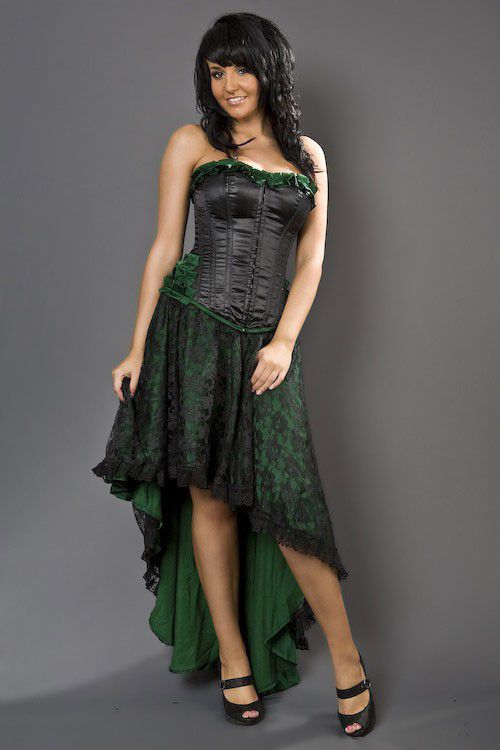  Elizium maxi skirt in green satin and black lace overlay Burleska elizium-skirt-green-black-lace  1
