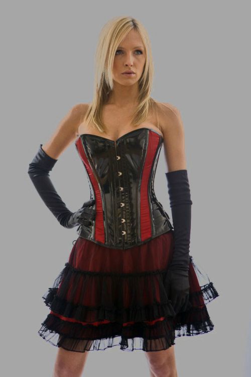  Fetish overbust steel boned corset in black PVC & red satin panels Burleska fetish-overbust-corset-red-satin /  /  1