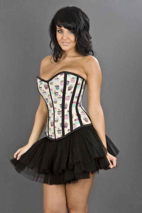  Glamour overbust zip up corset in yellow cupcake print Burleska glamour-overbust-corset-yellow-cupcake  1