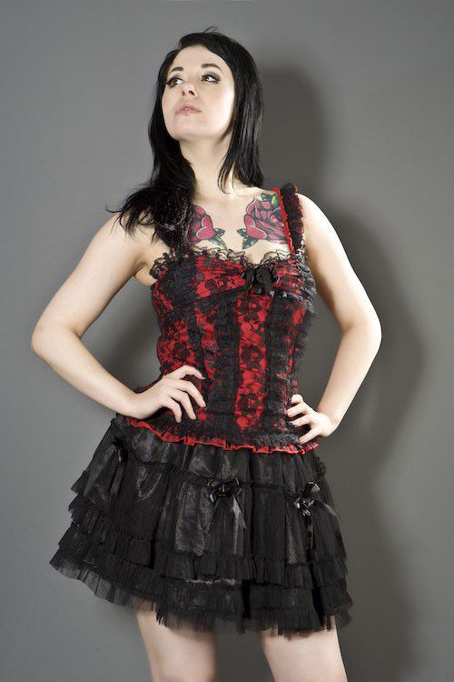  Heartless red gothic cotton top with black lace overlay Burleska heartless-top-red  1