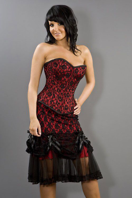  Vanity knee length burlesque skirt in red cotton & black lace overlay Burleska vanity-knee-skirt-red-lace  1