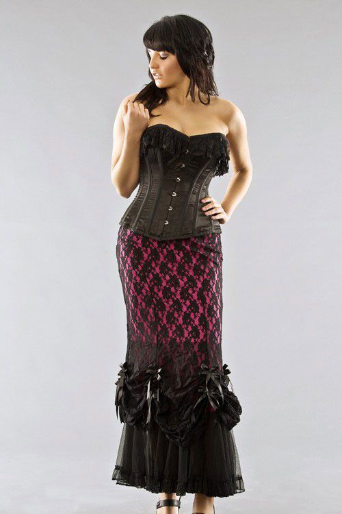  Vanity long burlesque skirt in pink cotton & black lace overlay Burleska vanity-skirt-long-pink-lace  1