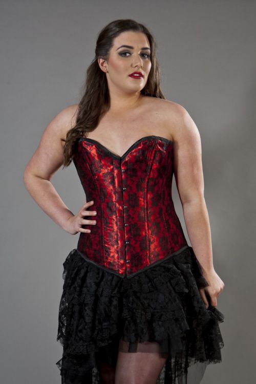  Victorian overbust plus size corset red satin & black lace overlay Burleska victorian-overbust-corset-red-black-lace-plus  1