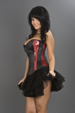  Boudoir overbust burlesque corset in black satin & red sequins - 