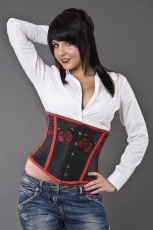  Candy underbust steel boned corset in black taffeta & red butterfly design - 