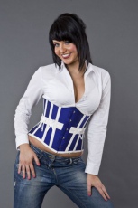  Candy underbust waist training corset in navy blue taffeta and white bows - 