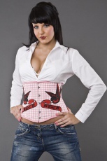  Candy underbust waist cincher in pink gingham & red swallows - 