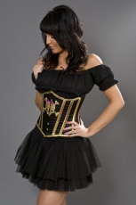  Candy underbust corset in black satin with metallic gold skull and bones detail - 