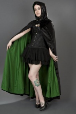  Long hooded gothic cape in black velvet and green satin lining - 