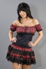  Gypsy black cotton top with red tartan print chest and sleeves - 