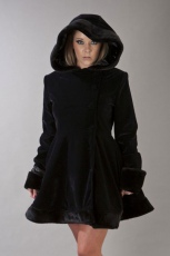  Karen ladies coat with hood in black velvet flock and black fur - 