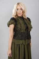  Katie victorian frilled shirt in olive green chiffon and black lace - 