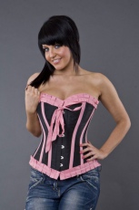  Lily overbust steel boned corset in black & pink taffeta - 