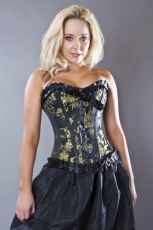  Lily overbust fashion corset in black satin & gold bamboo petals - 