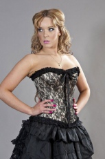  Lily zip overbust burlesque corset in gold satin and black lace overlay - 