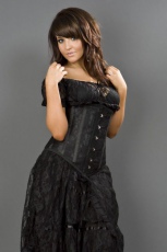  Long line underbust steel boned corset in black satin & black lace overlay - 