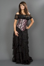  Long line steel boned underbust corset in pink satin & black lace overlay - 
