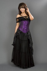  Long line steel boned underbust corset in purple satin & spider lace overlay - 