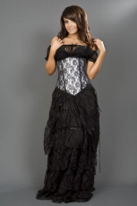 Longline underbust steel boned corset in white satin & black lace overlay - 