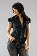  Mercy ladies shirt black cotton & petrol blue PVC trim - 