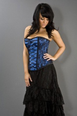  Mollflanders overbust burlesque corset in navy blue satin & black lace overlay - 