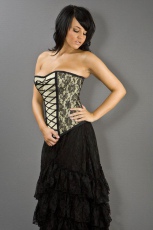  Mollflanders overbust gothic corset in olive green satin & black lace overlay - 