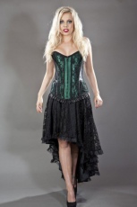  Petra zip overbust burlesque corset in green satin & black lace overlay - 