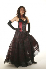  Rara long victorian goth skirt red satin & black mesh overlay - 
