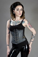  Black steampunk underbust corset with pocket watch in matte vinyl - 
