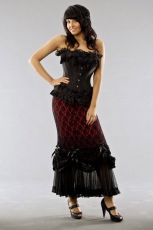  Vanity victorian goth maxi skirt in red cotton & black lace overlay - 