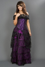  Victorian gothic maxi skirt in purple cotton and black lace overlay - 