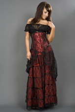  Victorian gothic maxi skirt in red cotton and black lace overlay - 